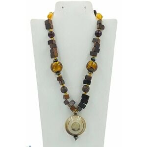 Natural WOOD Glass Bead Necklace Boho Pendant